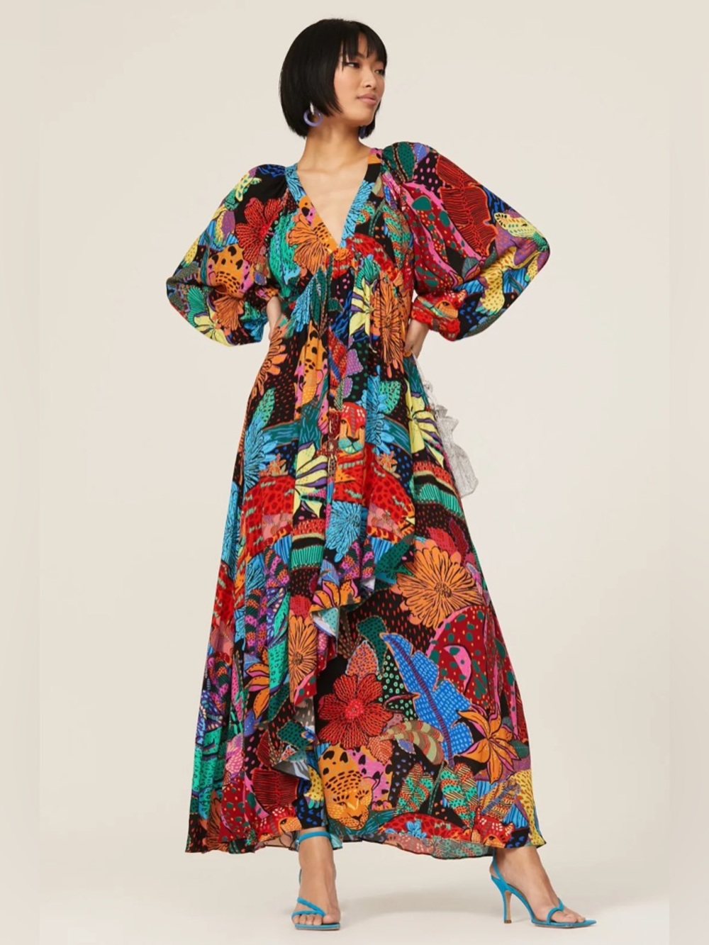 FARM Rio Cool Leopards Open Back Maxi Dress Jungle Print V-Neck Size Small - Picture 1 of 12